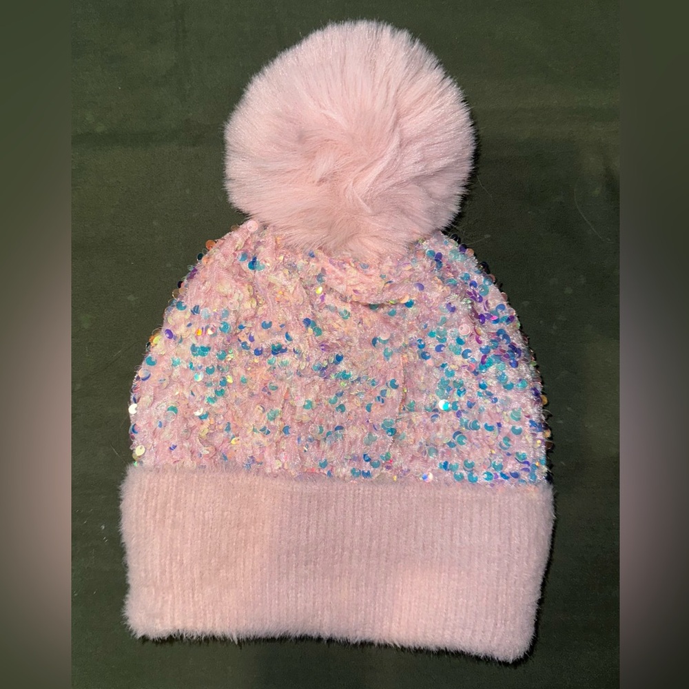 Pink Sequin Pom-Pom Beanie